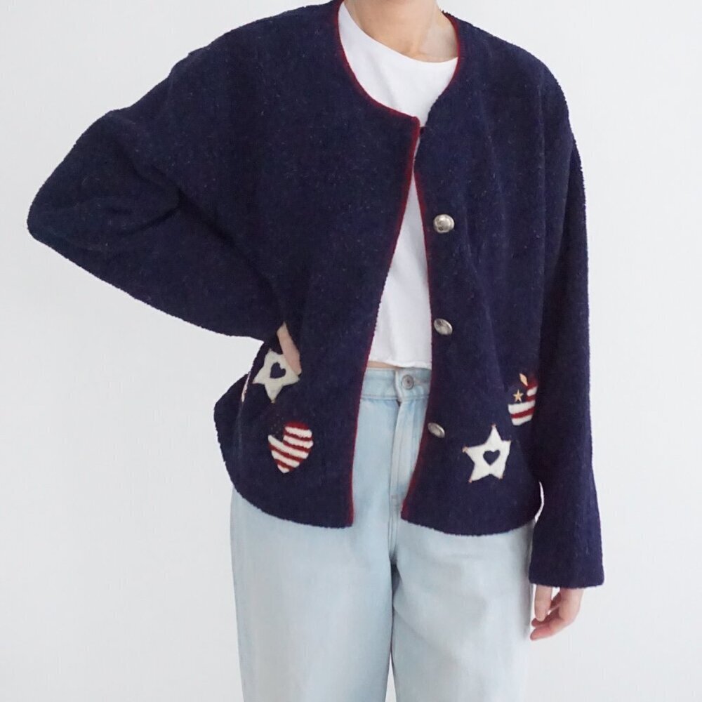 Vintage Christopher Banks Navy Patriotic Star Heart Embroidered Cardigan L